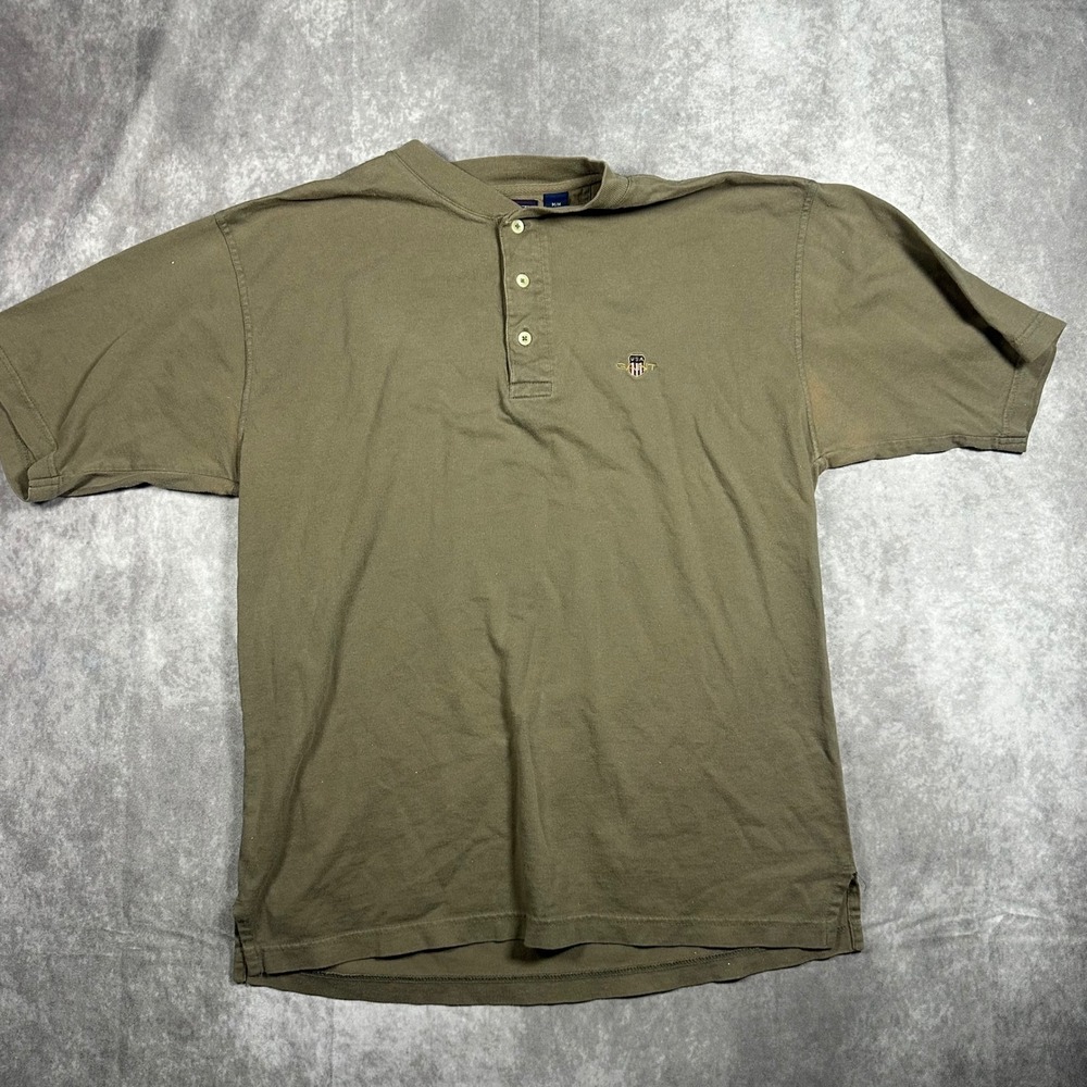 Gant Mens Short Sleeve Henley Shirt Olive Green Cotton Logo Size M Casual Preppy